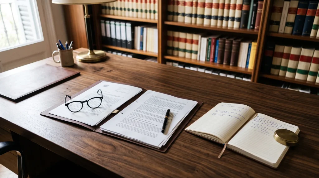 Mesa de despacho de abogados en Barcelona con un expediente abierto y documentación para acreditar los requisitos de la Ley de la Segunda Oportunidad