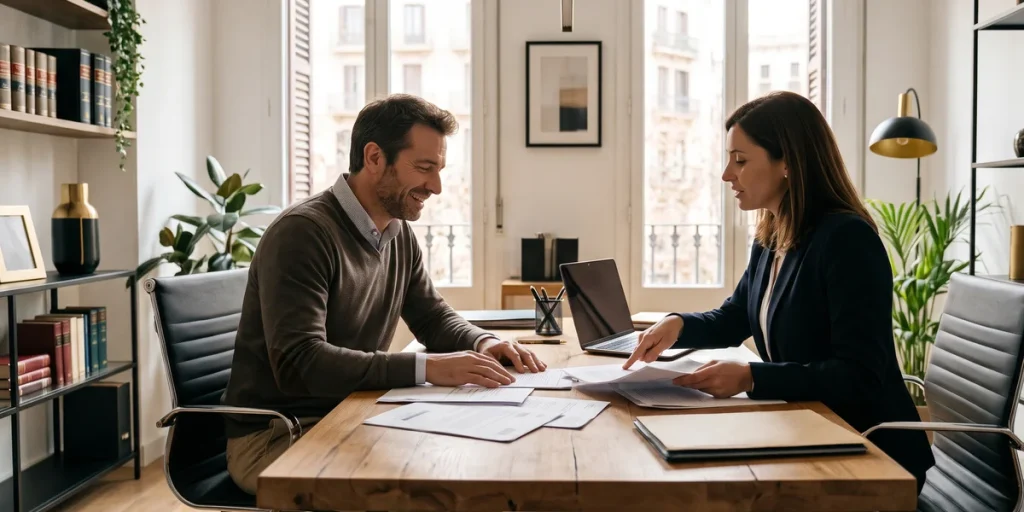 Abogada revisando con un cliente sus deudas con Hacienda para la Ley de Segunda Oportunidad en Barcelona